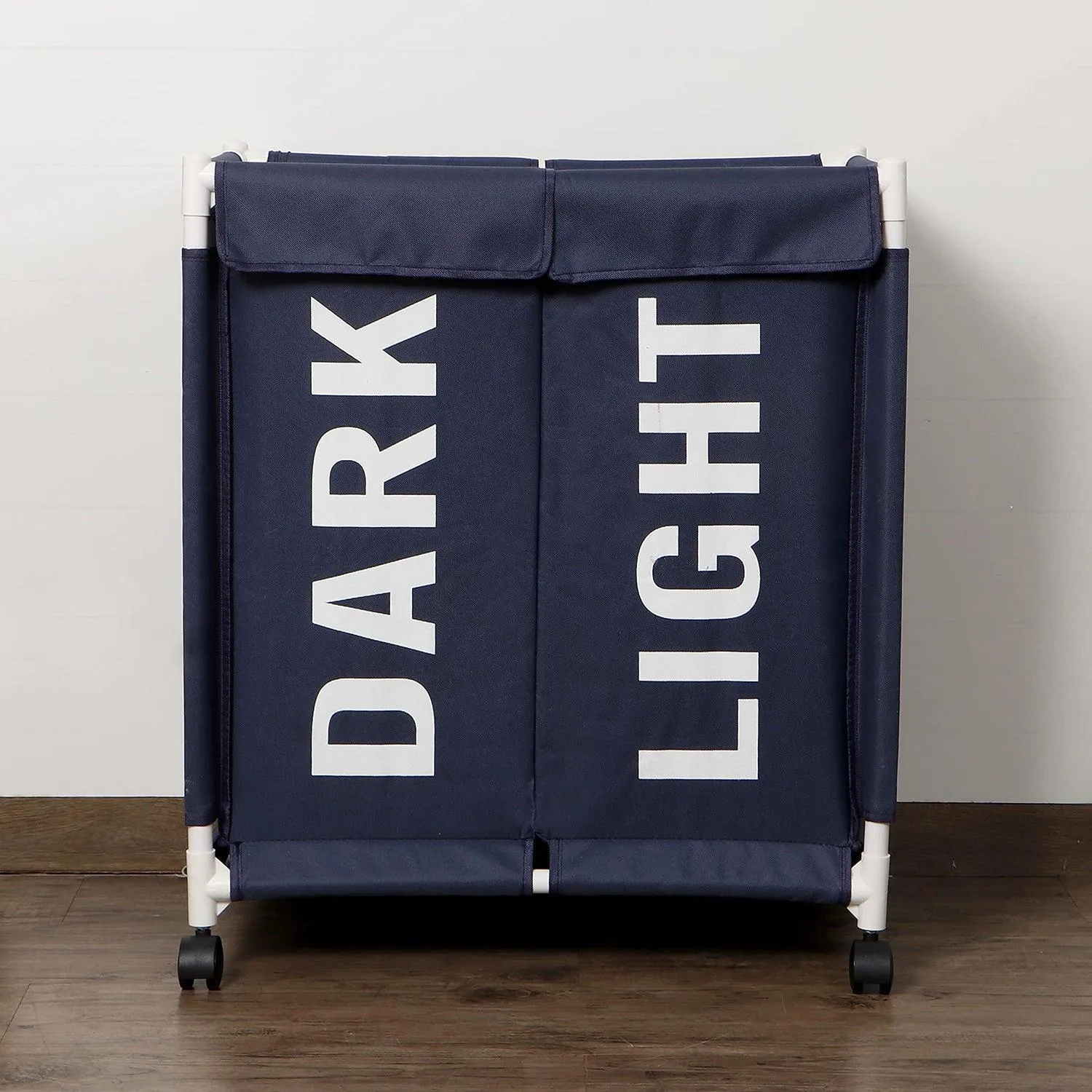 HOKIPO Oxford Fabric Laundry 2 Compartment Basket Trolley With Wheels - 65x61x35 cm, Dark Blue