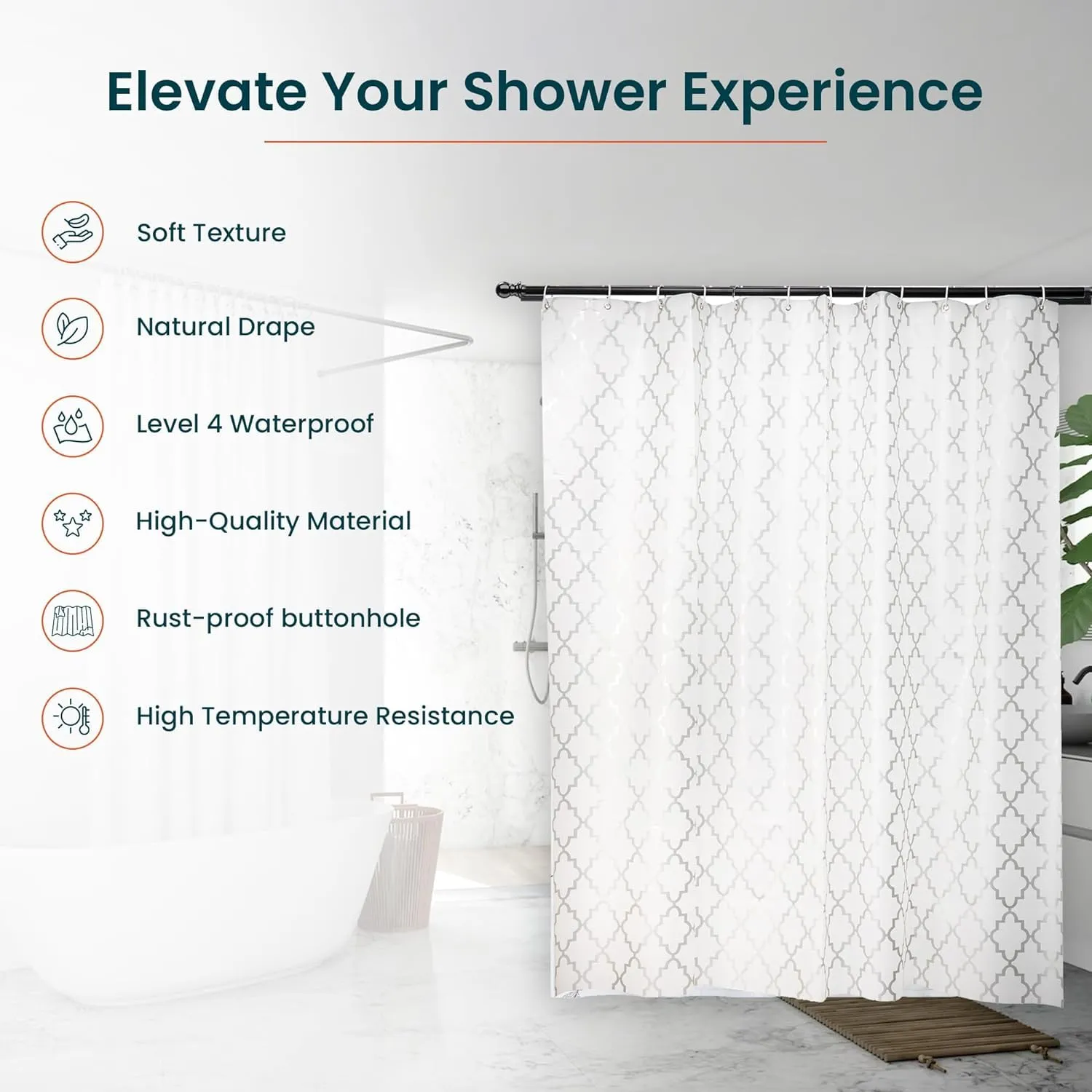 Kuber IndustriesSoft Texture Bath curtain|Natural Drape Waterproof Shower Curtain 6 Feet|Pack of 5|Silver