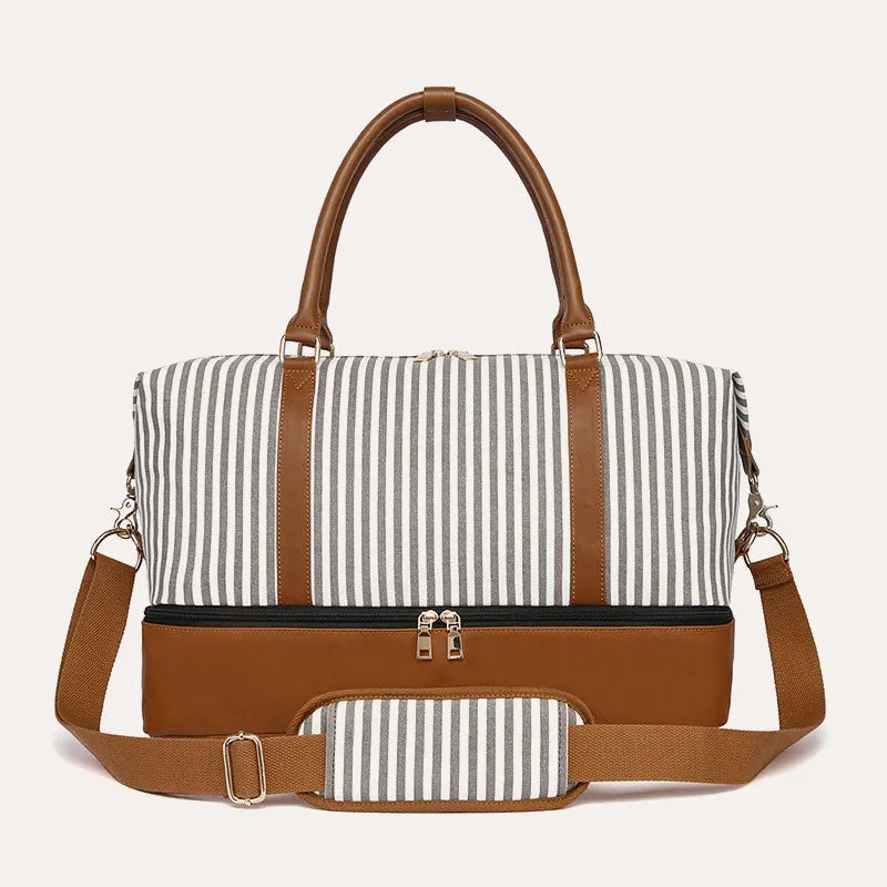 Stripe Canvas Duffel Bag Handbag Weekender Bag with Luggage Sleeve