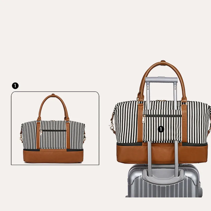 Stripe Canvas Duffel Bag Handbag Weekender Bag with Luggage Sleeve
