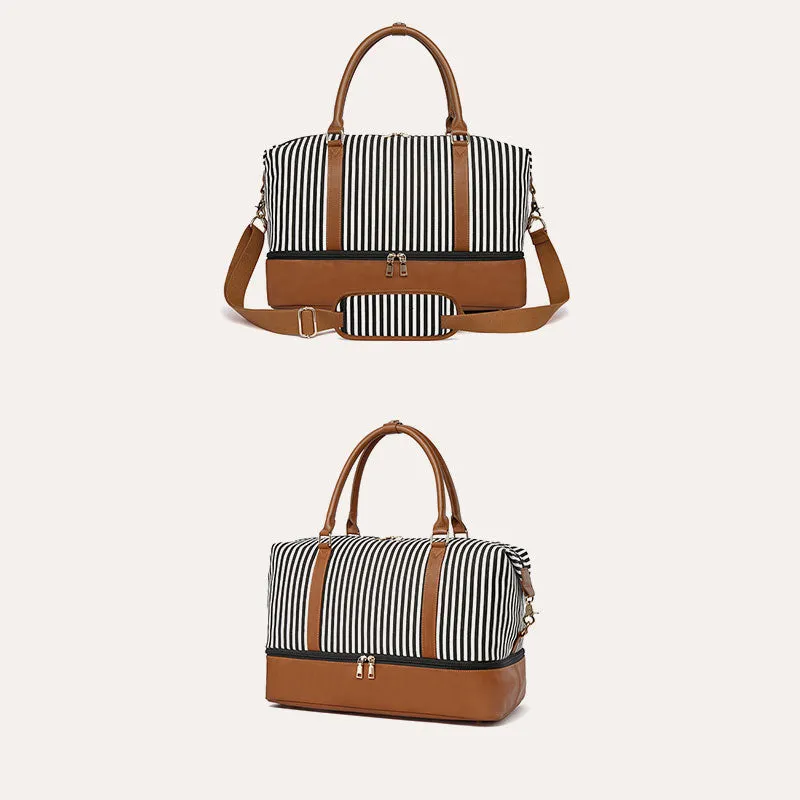 Stripe Canvas Duffel Bag Handbag Weekender Bag with Luggage Sleeve